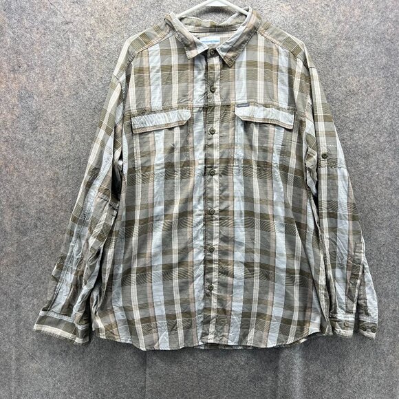 Columbia Shirt Mens XL Green Brown Plaid Button Down Long Sleeve Nylon Outdoor - Picture 1 of 11